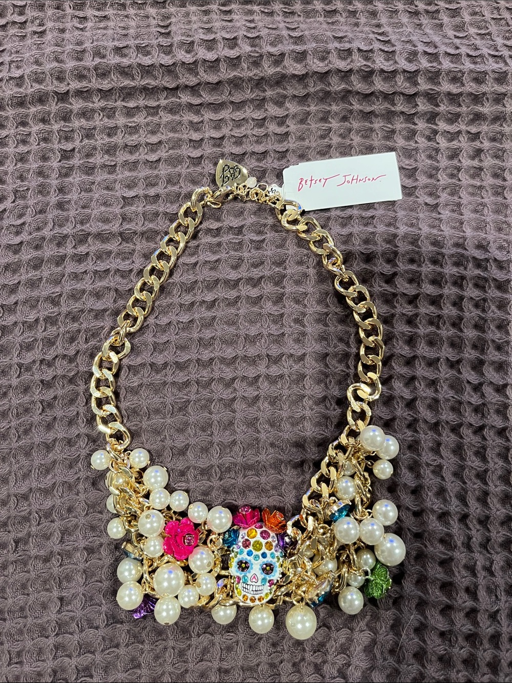 Betsey Johnson Gold-Tone Multicolor Pearl Skull Charm Necklace